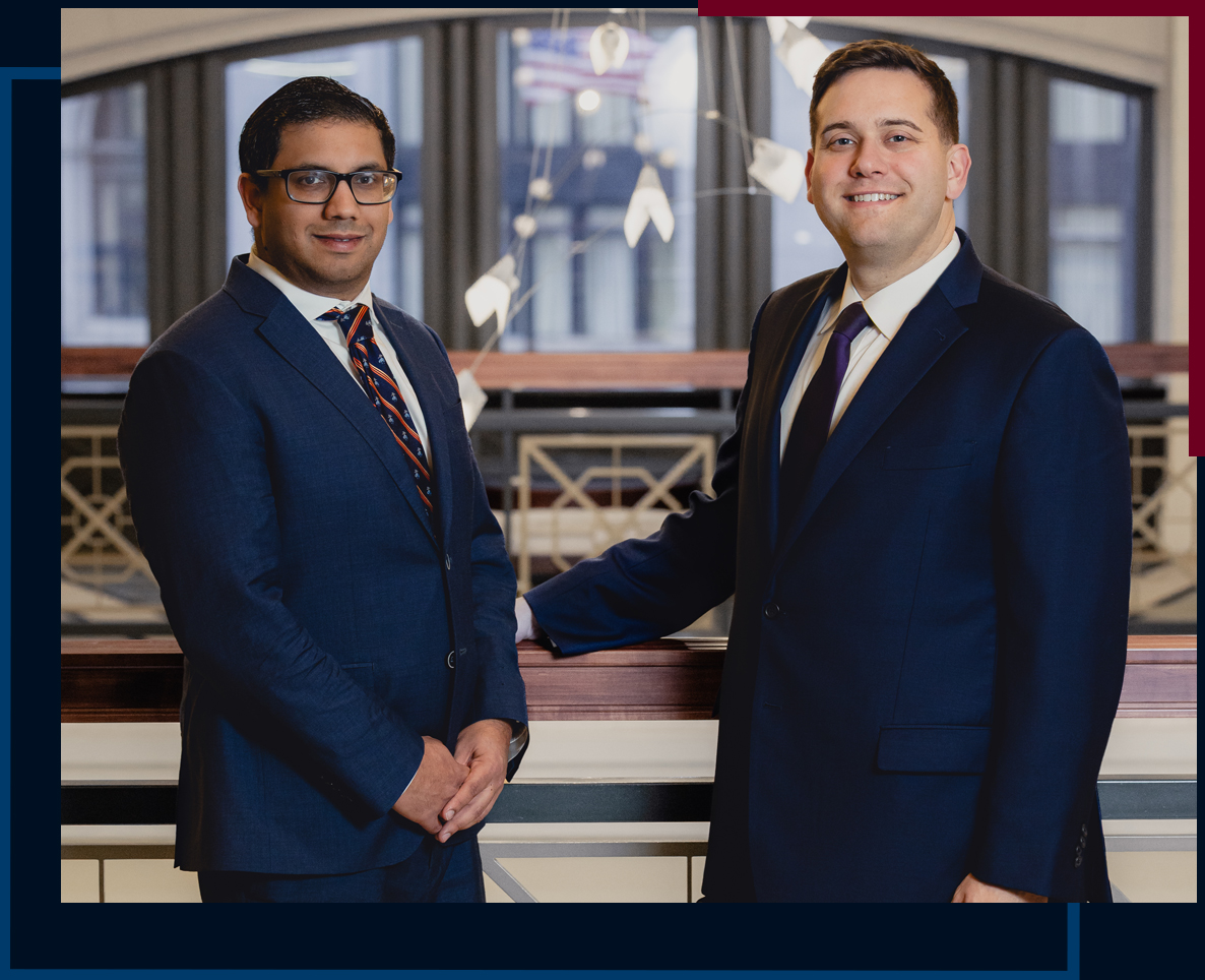 Partners Attorney Eddie Sundquist and Attorney Elliot Raimondo in the lobby of the Electric Tower Building in Downtown Buffalo NY