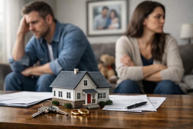 man and woman sitting behind a model of a house