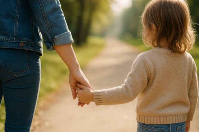 woman holding child's hand