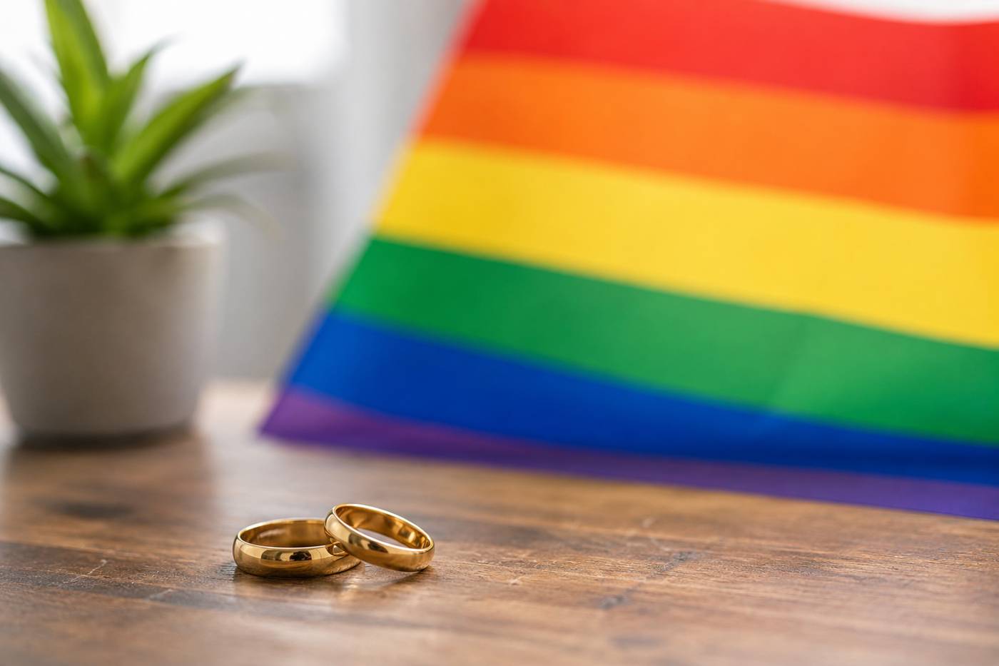 pride flag next to wedding rings