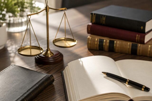 estate documents and books on desk